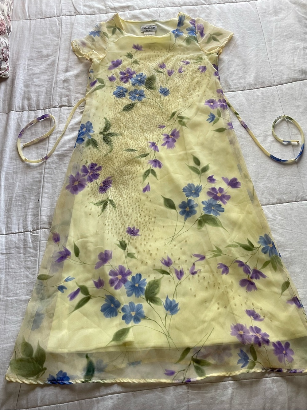 Yellow Floral Sequin Overlay Tie Back Midi Slip Dress XS Fairycore Ethereal Y2K